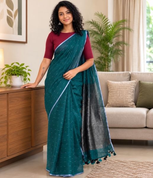 Peacock Green Pure Handloom Linen By Linen Saree From Bengal