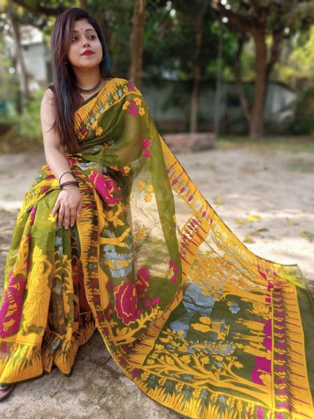Mehndi Green Yellow Tree Dhakai Jamdani Silk Cotton Saree From Bengal