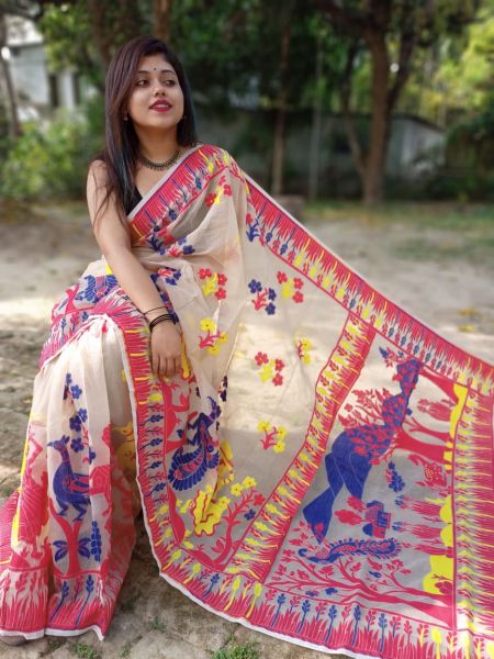 White Red Tree Dhakai Jamdani Silk Cotton Saree From Bengal