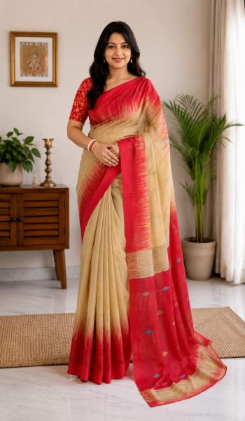 dark cream Pure Handloom Ikkat Silk Cotton Saree From Bengal