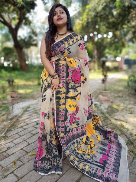 White Black Tree Dhakai Jamdani Silk Cotton Saree From Bengal