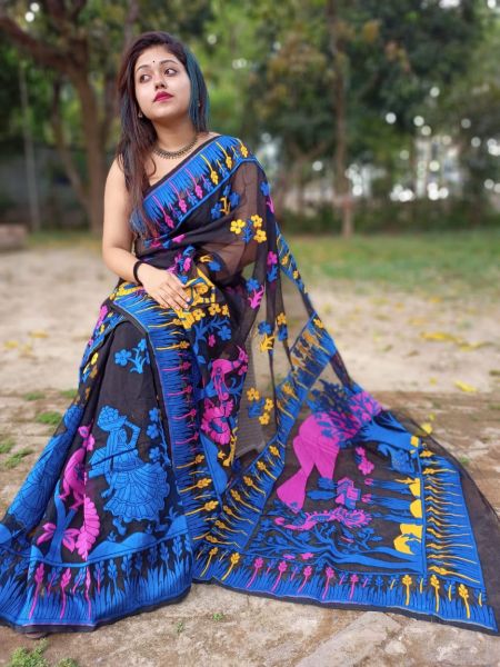 Black Blue Tree Dhakai Jamdani Silk Cotton Saree From Bengal