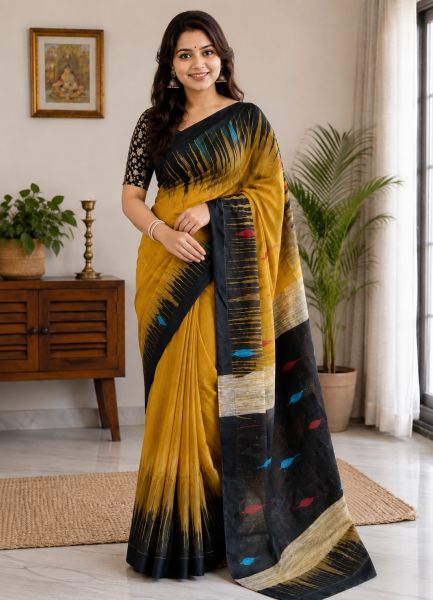 Mustard Pure Handloom Ikkat Silk Cotton Saree From Bengal