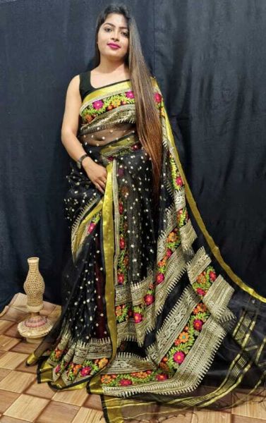 Black Flower Design Dhakai Jamdani Resham Saree