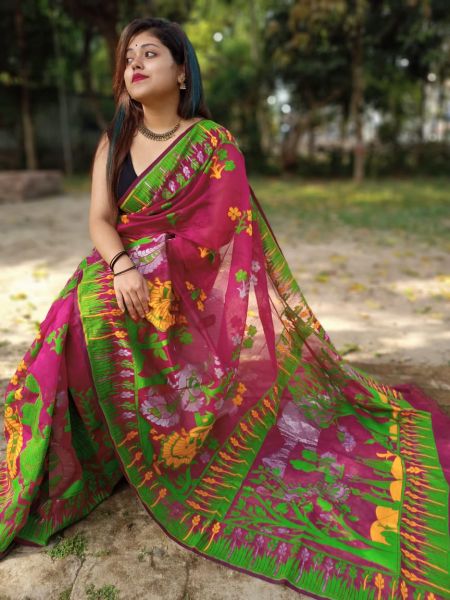 Pink Green Tree Dhakai Jamdani Silk Cotton Saree From Bengal