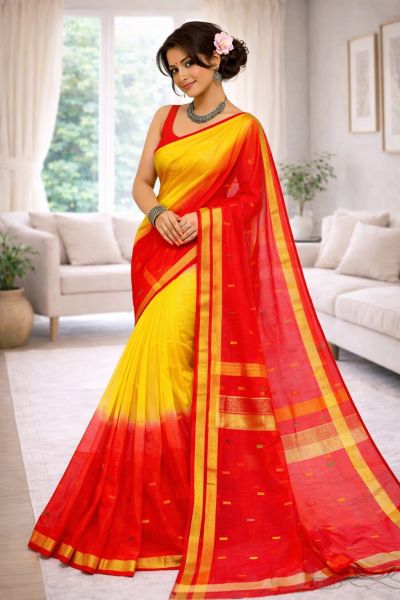 Yellow Red Ikkat Pure Handloom Silk Cotton From Bengal