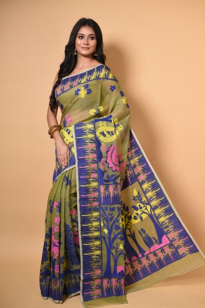 Light Yelow Blue Tree Dhakai Jamdani Silk Cotton Saree From Bengal