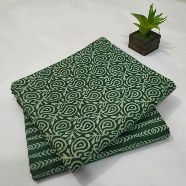 Dark Green White Hand Block Printed Cotton Kurti And Pant