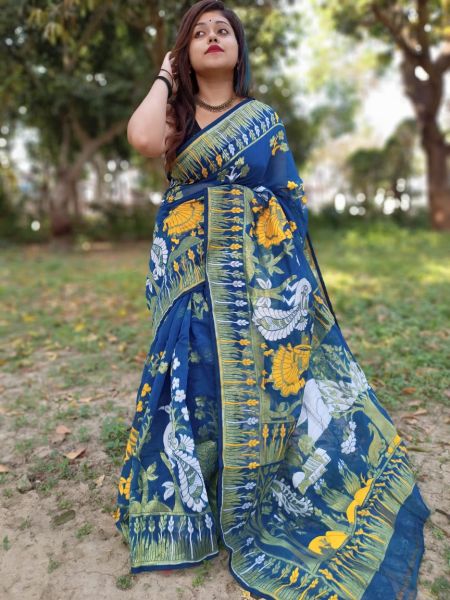 Navy Blue Tree Dhakai Jamdani Silk Cotton Saree From Bengal