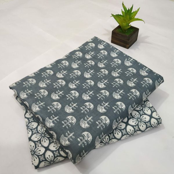Dark Grey White Hand Block Printed Cotton Kurti And Pant