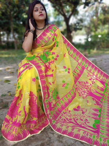 Yellow Pink Tree Dhakai Jamdani Silk Cotton Saree From Bengal