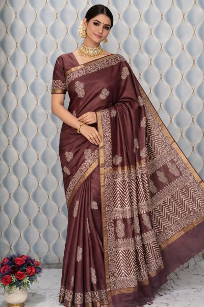 Chocolate Brown Organic Pure Handloom Beautifully Crafted Katan silk Saree From Bhagalpur
