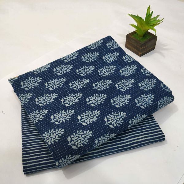 Navy Blue White Hand Block Printed Cotton Kurti And Pant