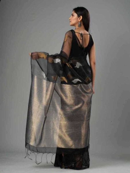 Black Leaf Design Matka Muslin Saree From Bengal