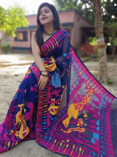 Royal Blue Pink Tree Dhakai Jamdani Silk Cotton Saree From Bengal