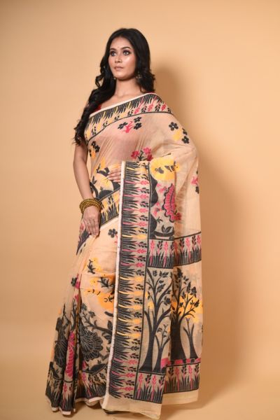 Light Peach Black Tree Dhakai Jamdani Silk Cotton Saree From Bengal