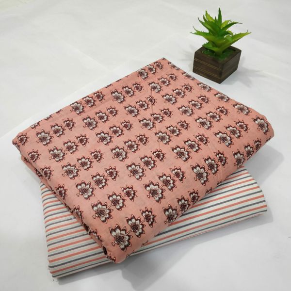 Peach White Hand Block Printed Cotton Kurti And Pant