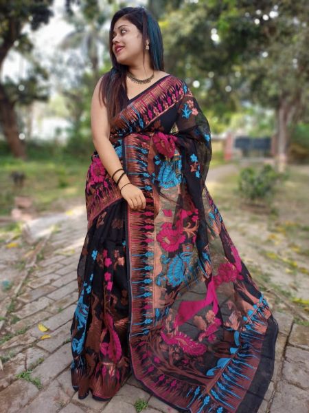 Black Copper Tree Dhakai Jamdani Silk Cotton Saree From Bengal