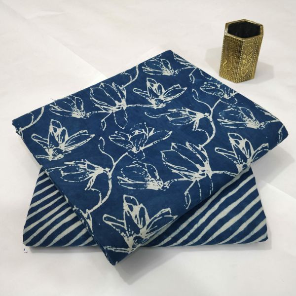 Navy Blue White Hand Block Printed Cotton Kurti And Pant