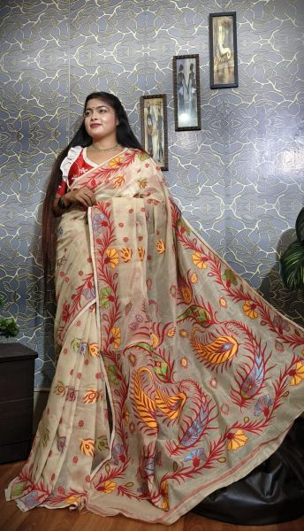 Off White Red Flower Silk Cotton Dhakai Jamdani Handloom Saree From Bengal