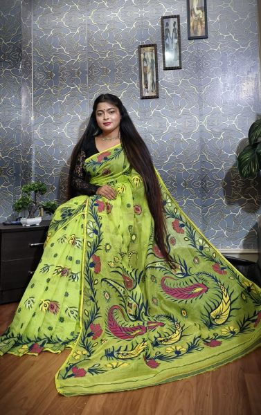 Pista Gree Flower Silk Cotton Dhakai Jamdani Handloom Saree From Bengal