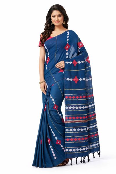 Blue Pure Handloom Applied Cotton Saree From Bengal