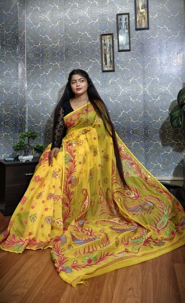 Light Yellow Flower Silk Cotton Dhakai Jamdani Handloom Saree From Bengal