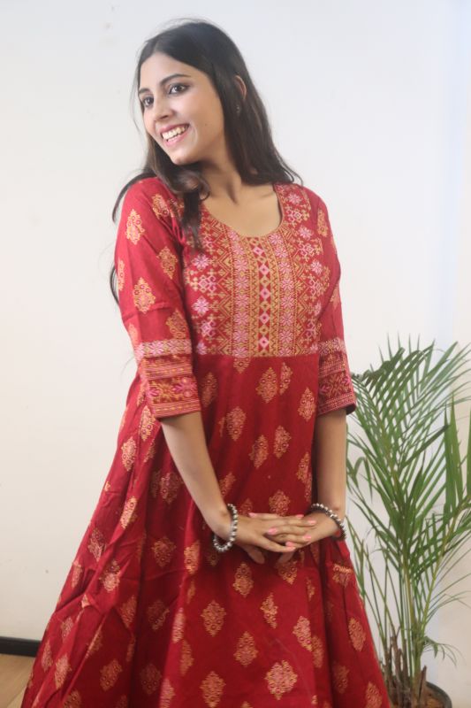 Red Printed Flower Cotton Kurti