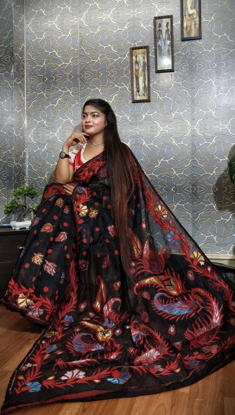 Black Flower Silk Cotton Dhakai Jamdani Handloom Saree From Bengal