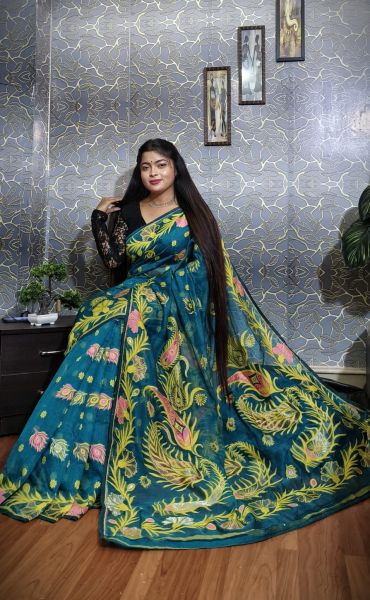Teal Blue Flower Silk Cotton Dhakai Jamdani Handloom Saree From Bengal
