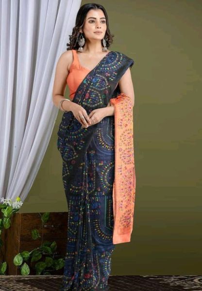 Black Orange Madhubani Printed Pure Handloom Cotton Saree