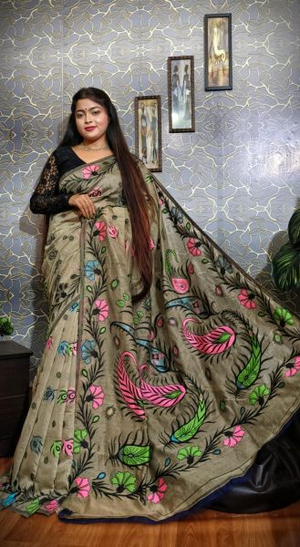 Light Grey Flower Silk Cotton Dhakai Jamdani Handloom Saree From Bengal
