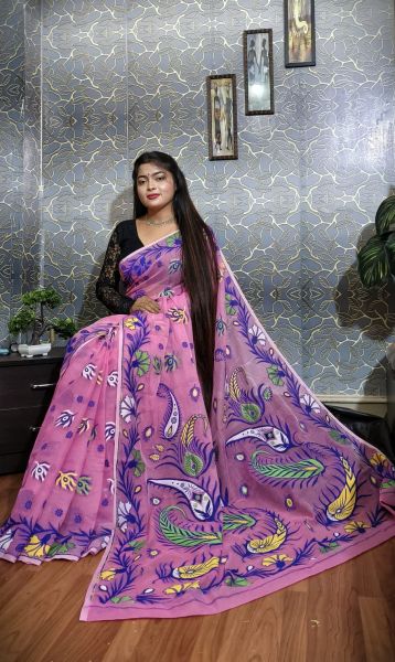 Pink Flower Silk Cotton Dhakai Jamdani Handloom Saree From Bengal