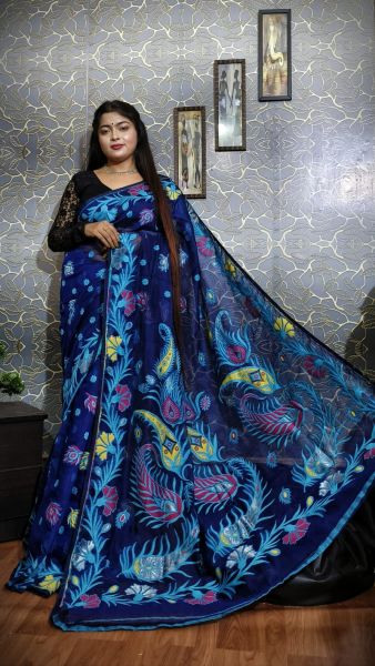 Royal Blue Flower Silk Cotton Dhakai Jamdani Handloom Saree From Bengal