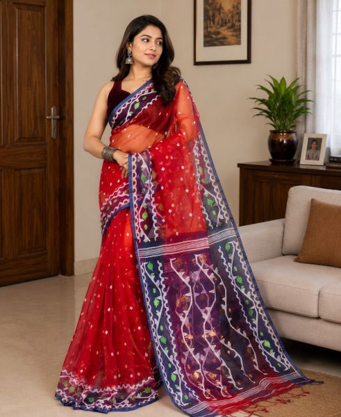 Bright Red Pure Handloom Resham Cotton saree From bengal