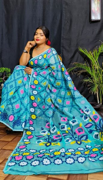 Sky Blue Box Silk Cotton Dhakai Jamdani Handloom Saree From Bengal