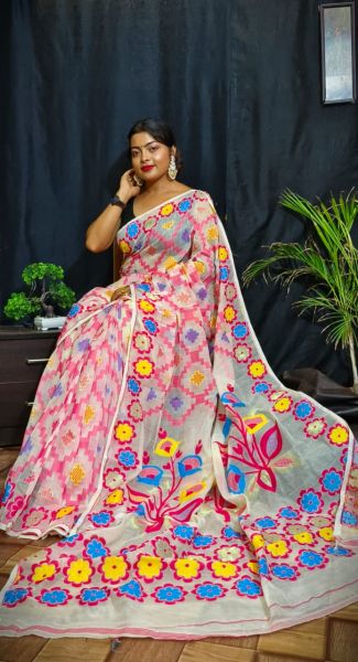 White Pink Box Silk Cotton Dhakai Jamdani Handloom Saree From Bengal