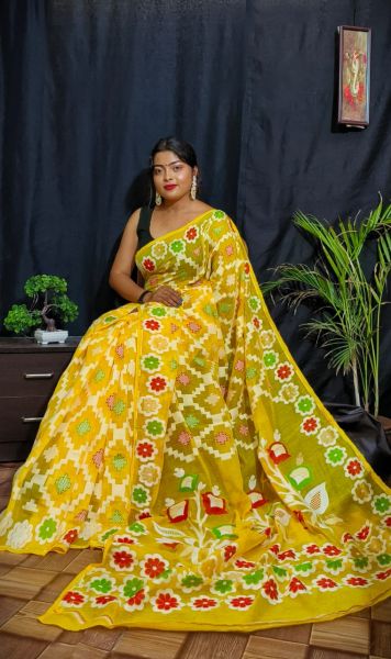 Yellow Box Silk Cotton Dhakai Jamdani Handloom Saree From Bengal