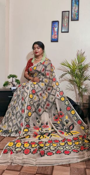 White Box Silk Cotton Dhakai Jamdani Handloom Saree From Bengal