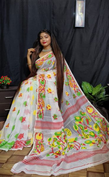 White Flower Design Dhakai Jamdani Saree With Red Border From Bengal