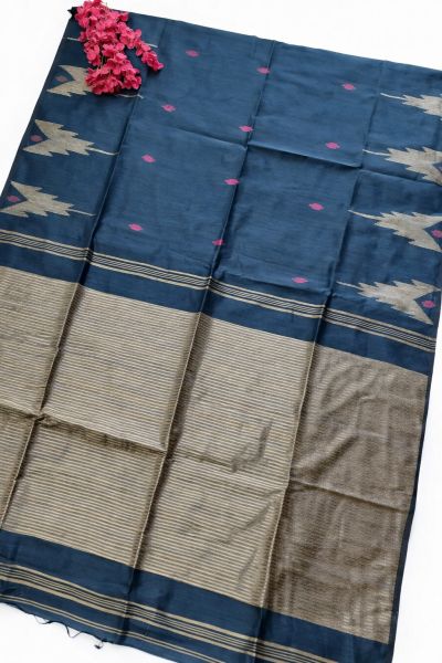Sea Blue Ghicha Silk Cotton Pure Handloom Saree From Bengal
