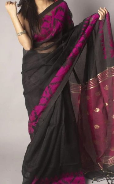 Black Linen Flower Design Handloom Saree