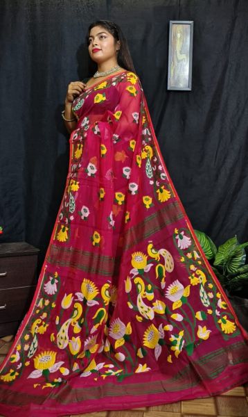 Brick Red Dhakai Jamdani Saree From Bengal