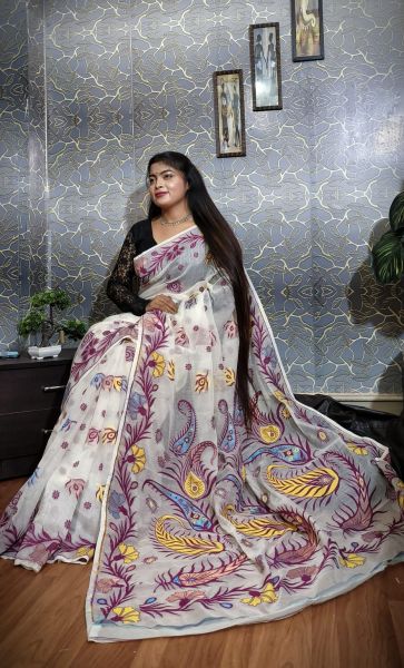 White Flower Silk Cotton Dhakai Jamdani Handloom Saree From Bengal