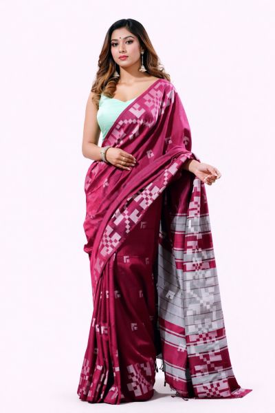 Maroon Pure Handloom Cotton Saree From Bengal
