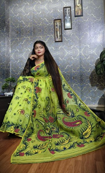 Light Green Flower Silk Cotton Dhakai Jamdani Handloom Saree From Bengal