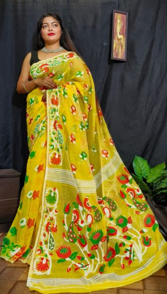 Dark Yellow Flower Design Dhakai Jamdani Saree From Bengal