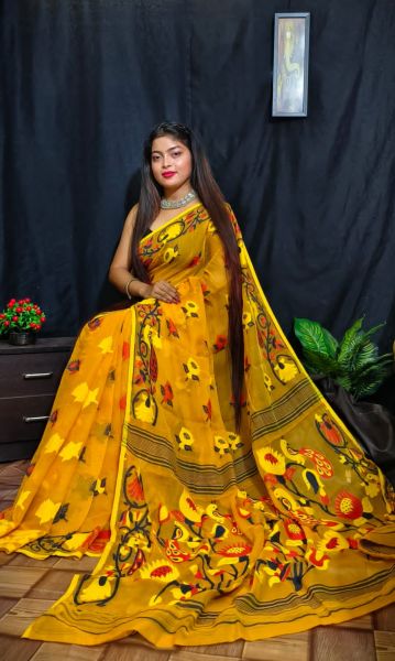 Dark Orange Flower Design Dhakai Jamdani Saree From Bengal