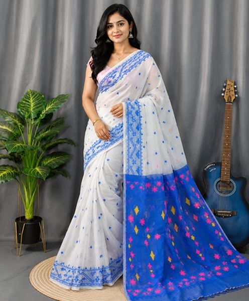 White Blue Pure Handloom Dhakai Jamdani Saree From Bengal