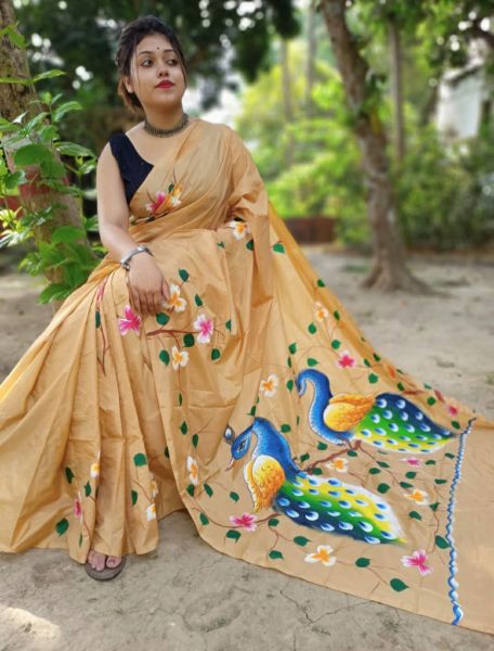 Beige Handprint Bangalore Silk Saree From Bengal